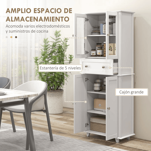 HOMCOM Armário de Cozinha Móvel Auxiliar de Cozinha com 2 Portas de Vidro Temperado Gaveta e Prateleiras Ajustáveis para Sala 61x35x168,5 cm Branco
