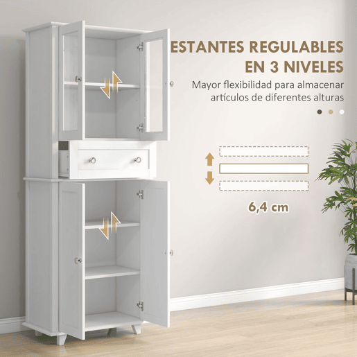 HOMCOM Armário de Cozinha Móvel Auxiliar de Cozinha com 2 Portas de Vidro Temperado Gaveta e Prateleiras Ajustáveis para Sala 61x35x168,5 cm Branco