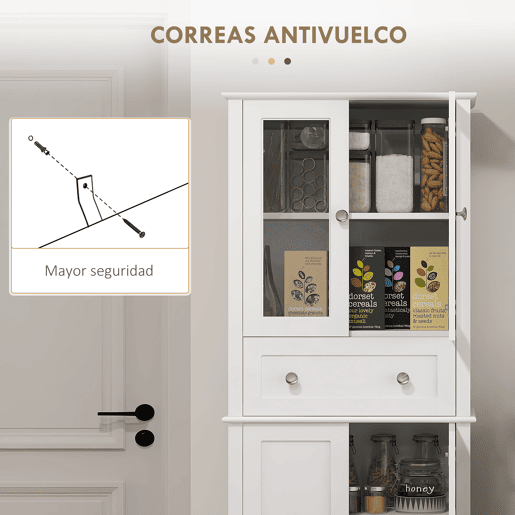 HOMCOM Armário de Cozinha Móvel Auxiliar de Cozinha com 2 Portas de Vidro Temperado Gaveta e Prateleiras Ajustáveis para Sala 61x35x168,5 cm Branco