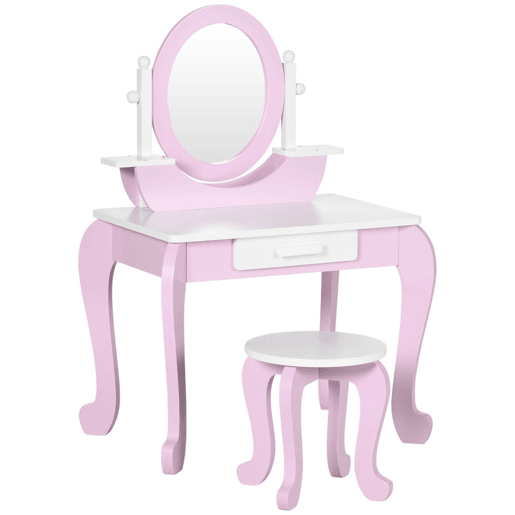 ZONEKIZ Toucador Infantil com Banco e Espelho Toucador Infantil de Madeira com Gaveta Mesa de Maquilhagem para Crianças entre 3-6 Anos 65,5x46x93cm Rosa