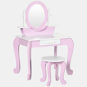 ZONEKIZ Toucador Infantil com Banco e Espelho Toucador Infantil de Madeira com Gaveta Mesa de Maquilhagem para Crianças entre 3-6 Anos 65,5x46x93cm Rosa