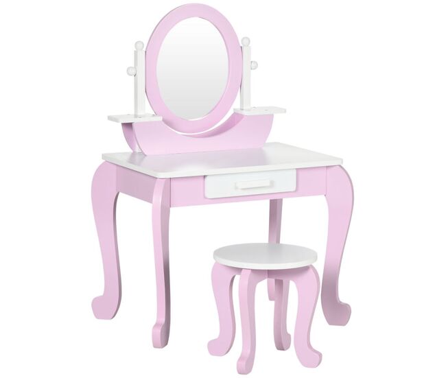 Zonekiz tocador para niñas con taburete y espejo tocador infantil de madera con cajón centro de belleza mesa de maquillaje para niñas de 3-6 años
