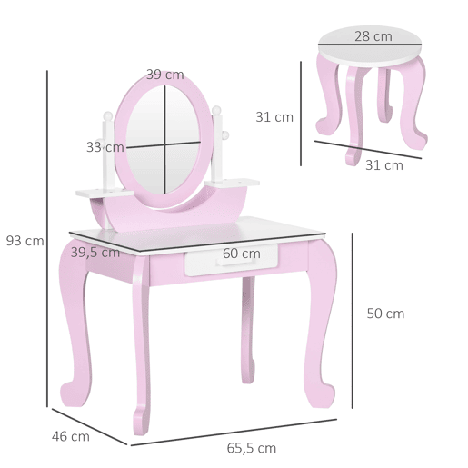 ZONEKIZ Toucador Infantil com Banco e Espelho Toucador Infantil de Madeira com Gaveta Mesa de Maquilhagem para Crianças entre 3-6 Anos 65,5x46x93cm Rosa