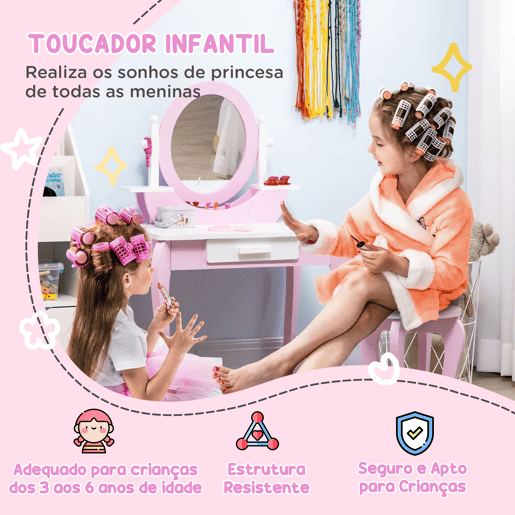 ZONEKIZ Toucador Infantil com Banco e Espelho Toucador Infantil de Madeira com Gaveta Mesa de Maquilhagem para Crianças entre 3-6 Anos 65,5x46x93cm Rosa