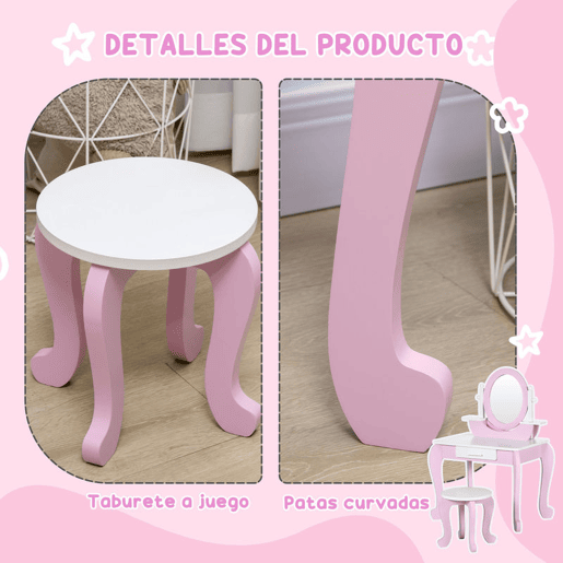 ZONEKIZ Toucador Infantil com Banco e Espelho Toucador Infantil de Madeira com Gaveta Mesa de Maquilhagem para Crianças entre 3-6 Anos 65,5x46x93cm Rosa
