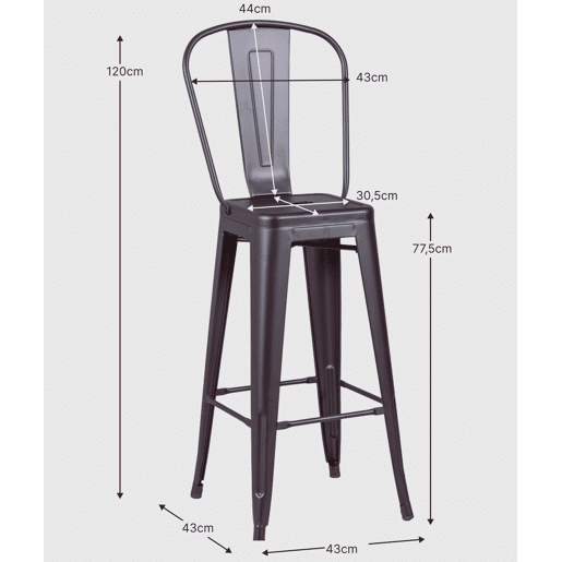 Banqueta metálica em aço lacado com encosto alto (76cm) - Bistro