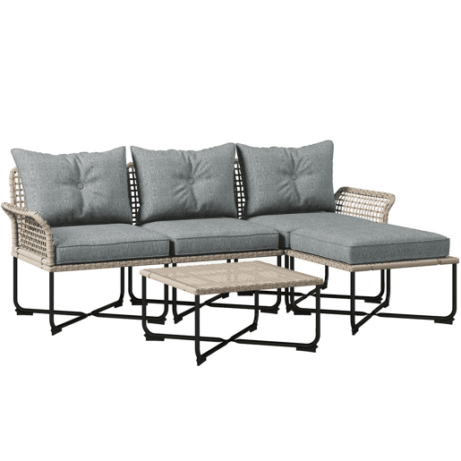 Outsunny Conjunto de Jardim em Vime Sintético Conjunto de Móveis de Exterior com Sofá de 4 Módulos 1 Mesa de Centro e Almofadas Cinza