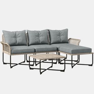 Outsunny Conjunto de Jardim em Vime Sintético Conjunto de Móveis de Exterior com Sofá de 4 Módulos 1 Mesa de Centro e Almofadas Cinza