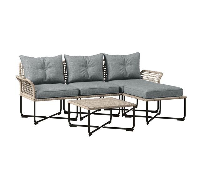 Outsunny conjunto de jardín exterior de ratán sintético de 5 piezas muebles de jardín exterior incluye 2 sofás esquineras 1 sofá de exterior 1 taburete 1 mesa de centro con cojines gris
