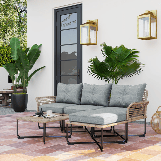 Outsunny Conjunto de Jardim em Vime Sintético Conjunto de Móveis de Exterior com Sofá de 4 Módulos 1 Mesa de Centro e Almofadas Cinza
