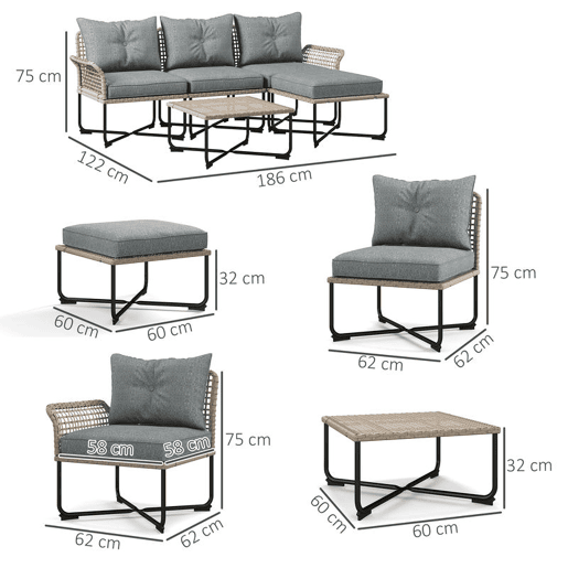 Outsunny Conjunto de Jardim em Vime Sintético Conjunto de Móveis de Exterior com Sofá de 4 Módulos 1 Mesa de Centro e Almofadas Cinza