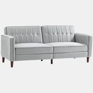 HOMCOM Sofá de 2 Lugares Convertível em Cama de Estofado Aveludado com Encosto Ajustável e Pés de Madeira para Sala de Estar Escritório 189x80,5x78,5 cm Cinza Claro