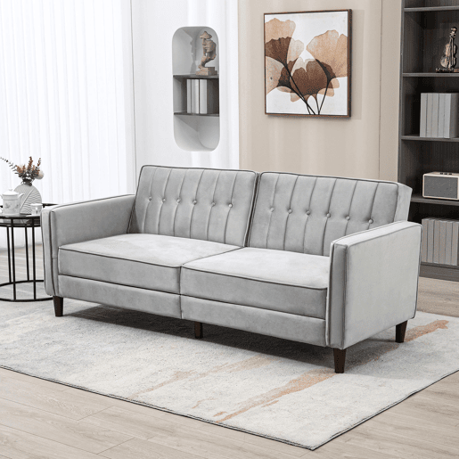 HOMCOM Sofá de 2 Lugares Convertível em Cama de Estofado Aveludado com Encosto Ajustável e Pés de Madeira para Sala de Estar Escritório 189x80,5x78,5 cm Cinza Claro