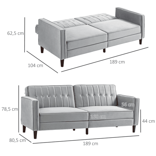 HOMCOM Sofá de 2 Lugares Convertível em Cama de Estofado Aveludado com Encosto Ajustável e Pés de Madeira para Sala de Estar Escritório 189x80,5x78,5 cm Cinza Claro