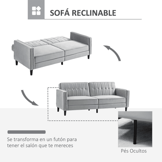 HOMCOM Sofá de 2 Lugares Convertível em Cama de Estofado Aveludado com Encosto Ajustável e Pés de Madeira para Sala de Estar Escritório 189x80,5x78,5 cm Cinza Claro