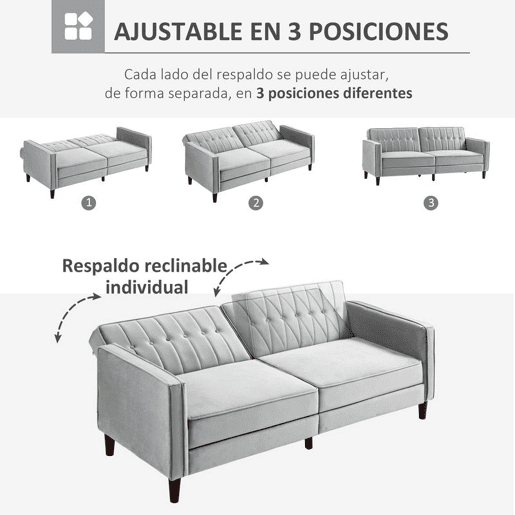 HOMCOM Sofá de 2 Lugares Convertível em Cama de Estofado Aveludado com Encosto Ajustável e Pés de Madeira para Sala de Estar Escritório 189x80,5x78,5 cm Cinza Claro
