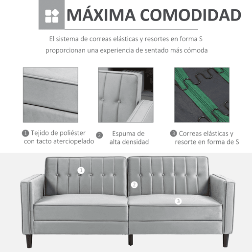 HOMCOM Sofá de 2 Lugares Convertível em Cama de Estofado Aveludado com Encosto Ajustável e Pés de Madeira para Sala de Estar Escritório 189x80,5x78,5 cm Cinza Claro