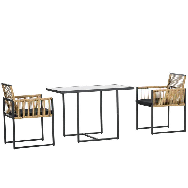 Outsunny conjunto de muebles de jardín juego de 3 piezas sillas y mesa de ratán con respaldo plegable cojines y mesa de cristal diseño anidado para