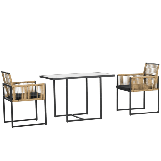 Outsunny Conjunto de Mesa e Cadeiras de Jardim Conjunto de 3 Peças com 2 Cadeiras com Encosto Dobrável e Almofadas e Mesa de Vidro para Terraço Pátio Natural e Preto