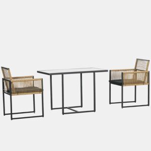 Outsunny Conjunto de Mesa e Cadeiras de Jardim Conjunto de 3 Peças com 2 Cadeiras com Encosto Dobrável e Almofadas e Mesa de Vidro para Terraço Pátio Natural e Preto