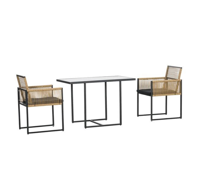 Outsunny conjunto de muebles de jardín juego de 3 piezas sillas y mesa de ratán con respaldo plegable cojines y mesa de cristal diseño anidado para