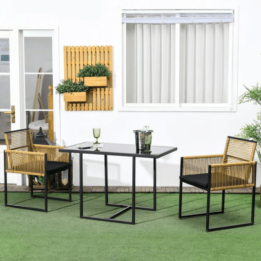 Outsunny Conjunto de Mesa e Cadeiras de Jardim Conjunto de 3 Peças com 2 Cadeiras com Encosto Dobrável e Almofadas e Mesa de Vidro para Terraço Pátio Natural e Preto