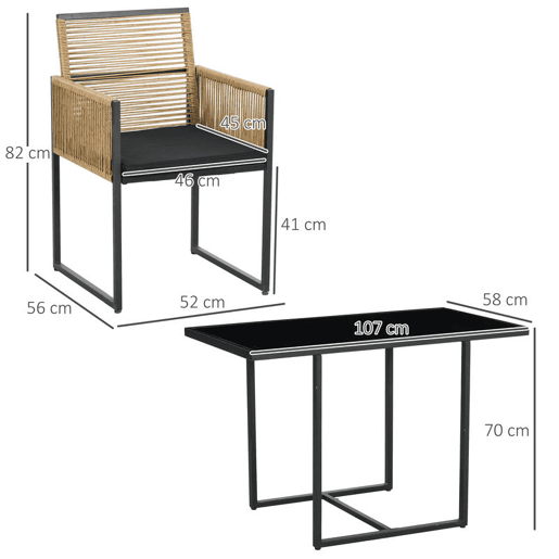 Outsunny Conjunto de Mesa e Cadeiras de Jardim Conjunto de 3 Peças com 2 Cadeiras com Encosto Dobrável e Almofadas e Mesa de Vidro para Terraço Pátio Natural e Preto