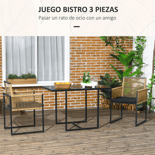 Outsunny Conjunto de Mesa e Cadeiras de Jardim Conjunto de 3 Peças com 2 Cadeiras com Encosto Dobrável e Almofadas e Mesa de Vidro para Terraço Pátio Natural e Preto