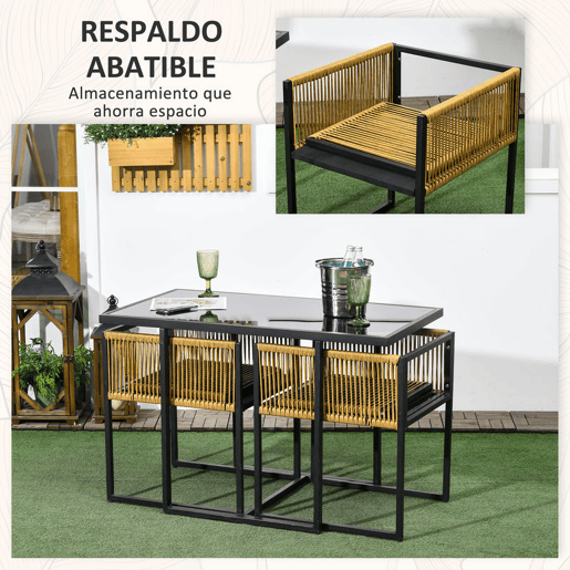 Outsunny Conjunto de Mesa e Cadeiras de Jardim Conjunto de 3 Peças com 2 Cadeiras com Encosto Dobrável e Almofadas e Mesa de Vidro para Terraço Pátio Natural e Preto