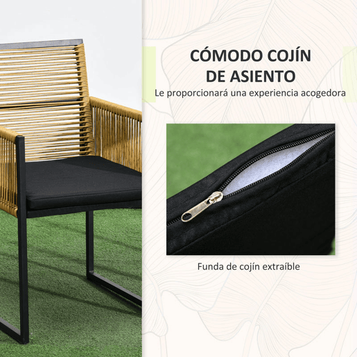 Outsunny Conjunto de Mesa e Cadeiras de Jardim Conjunto de 3 Peças com 2 Cadeiras com Encosto Dobrável e Almofadas e Mesa de Vidro para Terraço Pátio Natural e Preto