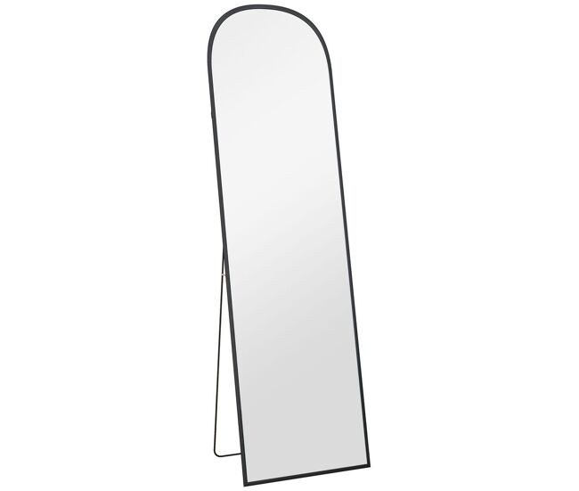 Homcom espejo de cuerpo entero, espejo de pie alto 170x50 cm, diseño arqueado, independiente, apoyado o pared, marco de aluminio y soporte, para dormitorio, salón, vestuario, negro