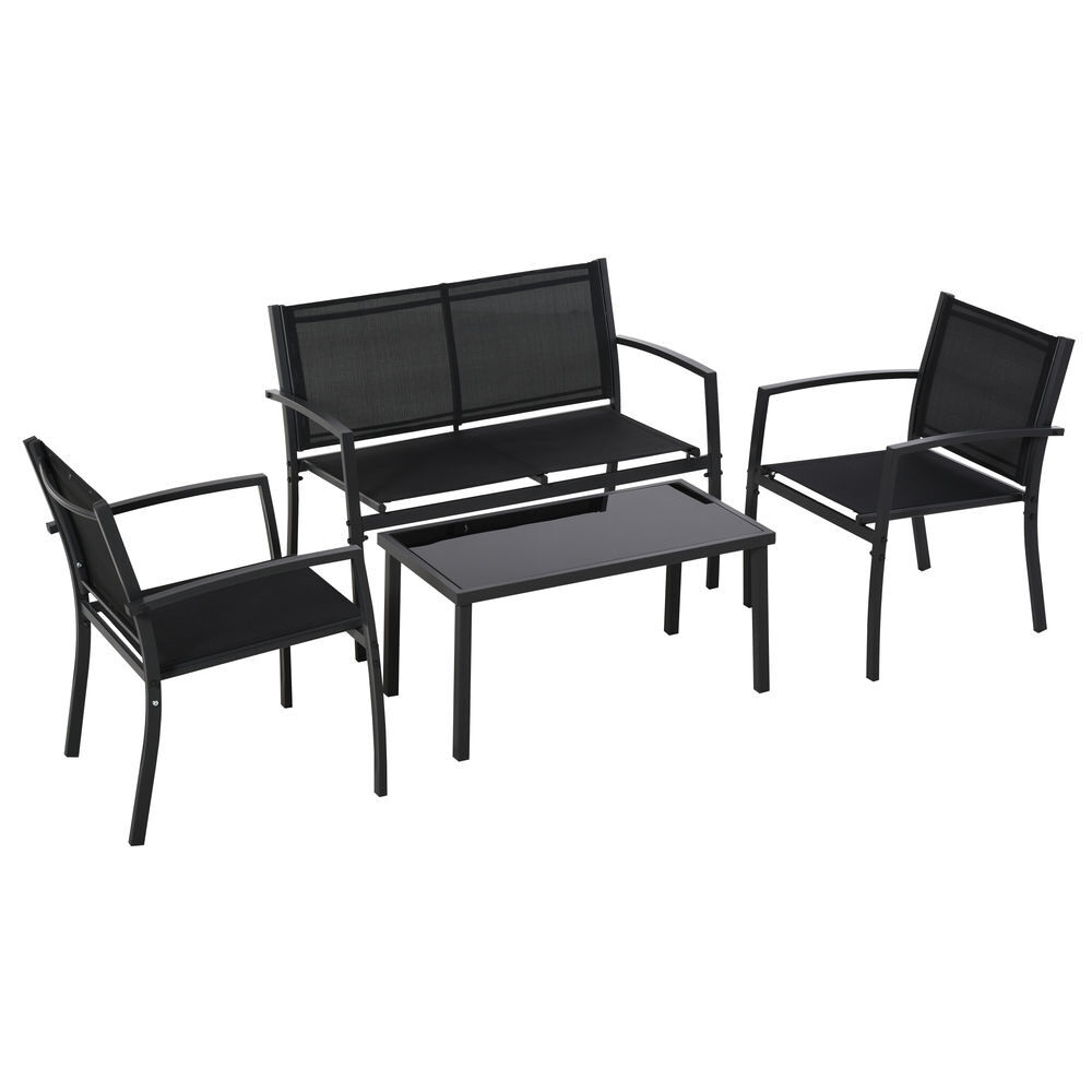 Outsunny conjunto de jardín exterior 4 piezas muebles jardín exterior con 2 sillones 1 sofá de 2 plazas y mesa de centro con tablero de vidrio templado negro