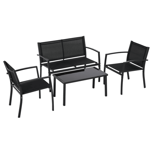 Outsunny Conjunto de Móveis de Jardim Conjunto de 4 Peças Móveis de Exterior com 2 Poltronas 1 Sofá de 2 Lugares e Mesa de Centro com Tampo de Vidro Temperado Preto