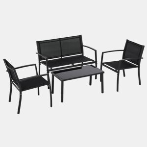 Outsunny Conjunto de Móveis de Jardim Conjunto de 4 Peças Móveis de Exterior com 2 Poltronas 1 Sofá de 2 Lugares e Mesa de Centro com Tampo de Vidro Temperado Preto