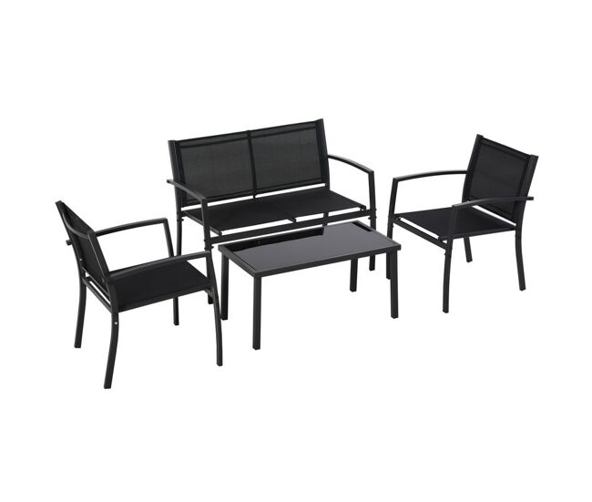 Outsunny conjunto de jardín exterior 4 piezas muebles jardín exterior con 2 sillones 1 sofá de 2 plazas y mesa de centro con tablero de vidrio templado negro