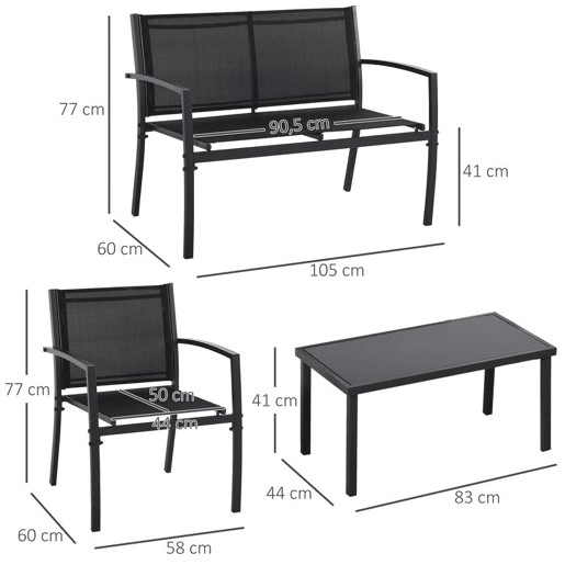 Outsunny Conjunto de Móveis de Jardim Conjunto de 4 Peças Móveis de Exterior com 2 Poltronas 1 Sofá de 2 Lugares e Mesa de Centro com Tampo de Vidro Temperado Preto