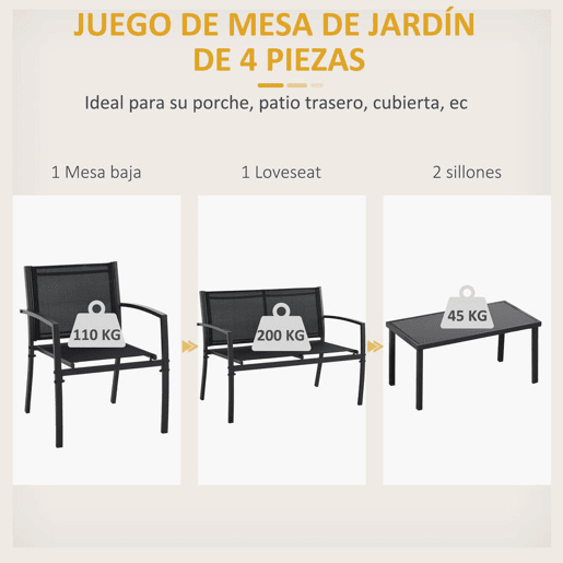Outsunny Conjunto de Móveis de Jardim Conjunto de 4 Peças Móveis de Exterior com 2 Poltronas 1 Sofá de 2 Lugares e Mesa de Centro com Tampo de Vidro Temperado Preto