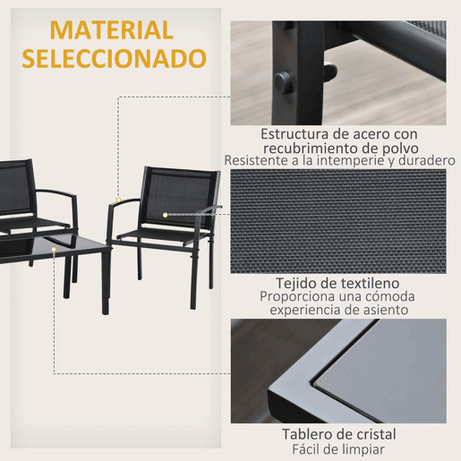 Outsunny Conjunto de Móveis de Jardim Conjunto de 4 Peças Móveis de Exterior com 2 Poltronas 1 Sofá de 2 Lugares e Mesa de Centro com Tampo de Vidro Temperado Preto