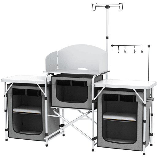 Outsunny Armário de Cozinha para Camping Dobrável com Mesas, Armários, Ganchos, Estrutura de Alumínio, Poste de Luz Ajustável, Para-brisas e Bolsa de Transporte, 172x48x130 cm, Cinzento