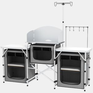 Outsunny Armário de Cozinha para Camping Dobrável com Mesas, Armários, Ganchos, Estrutura de Alumínio, Poste de Luz Ajustável, Para-brisas e Bolsa de Transporte, 172x48x130 cm, Cinzento