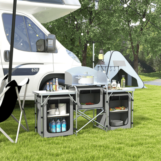 Outsunny Armário de Cozinha para Camping Dobrável com Mesas, Armários, Ganchos, Estrutura de Alumínio, Poste de Luz Ajustável, Para-brisas e Bolsa de Transporte, 172x48x130 cm, Cinzento