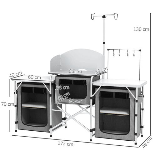 Outsunny Armário de Cozinha para Camping Dobrável com Mesas, Armários, Ganchos, Estrutura de Alumínio, Poste de Luz Ajustável, Para-brisas e Bolsa de Transporte, 172x48x130 cm, Cinzento