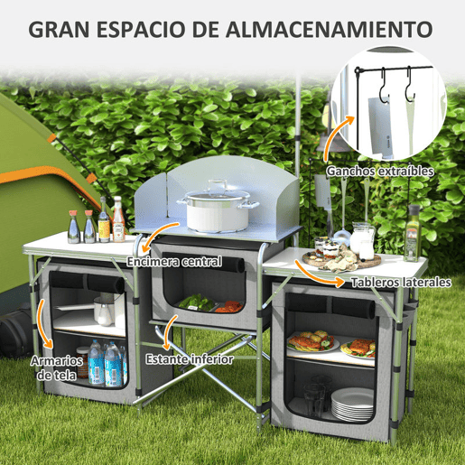 Outsunny Armário de Cozinha para Camping Dobrável com Mesas, Armários, Ganchos, Estrutura de Alumínio, Poste de Luz Ajustável, Para-brisas e Bolsa de Transporte, 172x48x130 cm, Cinzento
