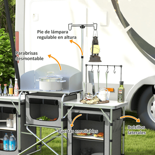 Outsunny Armário de Cozinha para Camping Dobrável com Mesas, Armários, Ganchos, Estrutura de Alumínio, Poste de Luz Ajustável, Para-brisas e Bolsa de Transporte, 172x48x130 cm, Cinzento