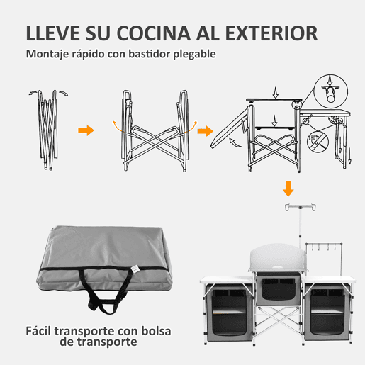 Outsunny Armário de Cozinha para Camping Dobrável com Mesas, Armários, Ganchos, Estrutura de Alumínio, Poste de Luz Ajustável, Para-brisas e Bolsa de Transporte, 172x48x130 cm, Cinzento