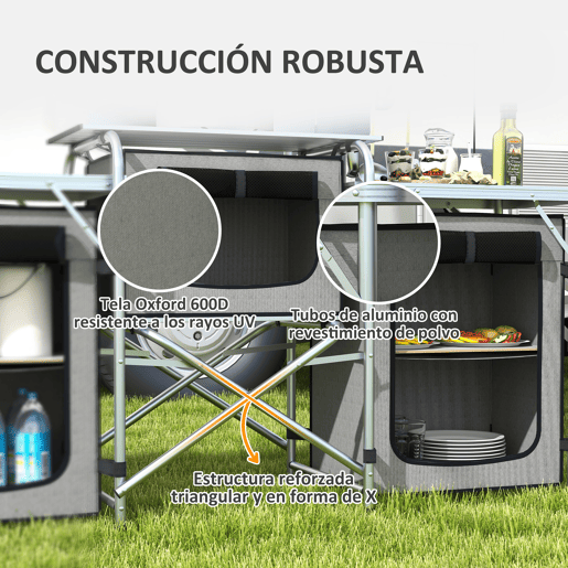 Outsunny Armário de Cozinha para Camping Dobrável com Mesas, Armários, Ganchos, Estrutura de Alumínio, Poste de Luz Ajustável, Para-brisas e Bolsa de Transporte, 172x48x130 cm, Cinzento