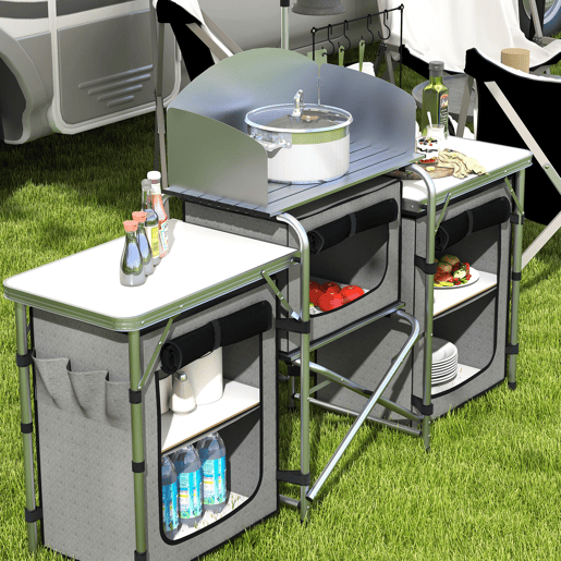 Outsunny Armário de Cozinha para Camping Dobrável com Mesas, Armários, Ganchos, Estrutura de Alumínio, Poste de Luz Ajustável, Para-brisas e Bolsa de Transporte, 172x48x130 cm, Cinzento