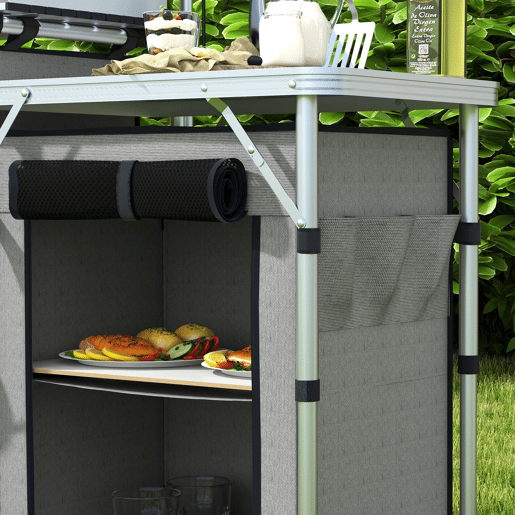 Outsunny Armário de Cozinha para Camping Dobrável com Mesas, Armários, Ganchos, Estrutura de Alumínio, Poste de Luz Ajustável, Para-brisas e Bolsa de Transporte, 172x48x130 cm, Cinzento