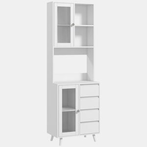 HOMCOM Armário de Cozinha com 2 Armários com Portas de Vidro Temperado 2 Compartimentos Abertos 4 Gavetas e Prateleiras Ajustáveis 60x35x180 cm Branco