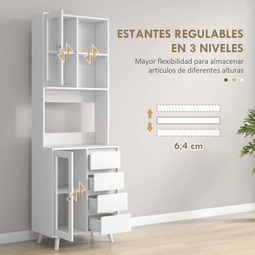 HOMCOM Armário de Cozinha com 2 Armários com Portas de Vidro Temperado 2 Compartimentos Abertos 4 Gavetas e Prateleiras Ajustáveis 60x35x180 cm Branco